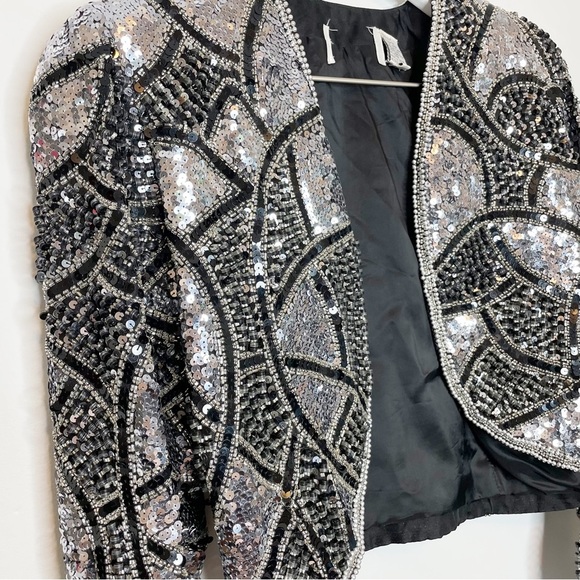 Vintage Silk Beaded Jacket Ornate Heavy Silver Metallic Bolero Loehmann's - Picture 1 of 11